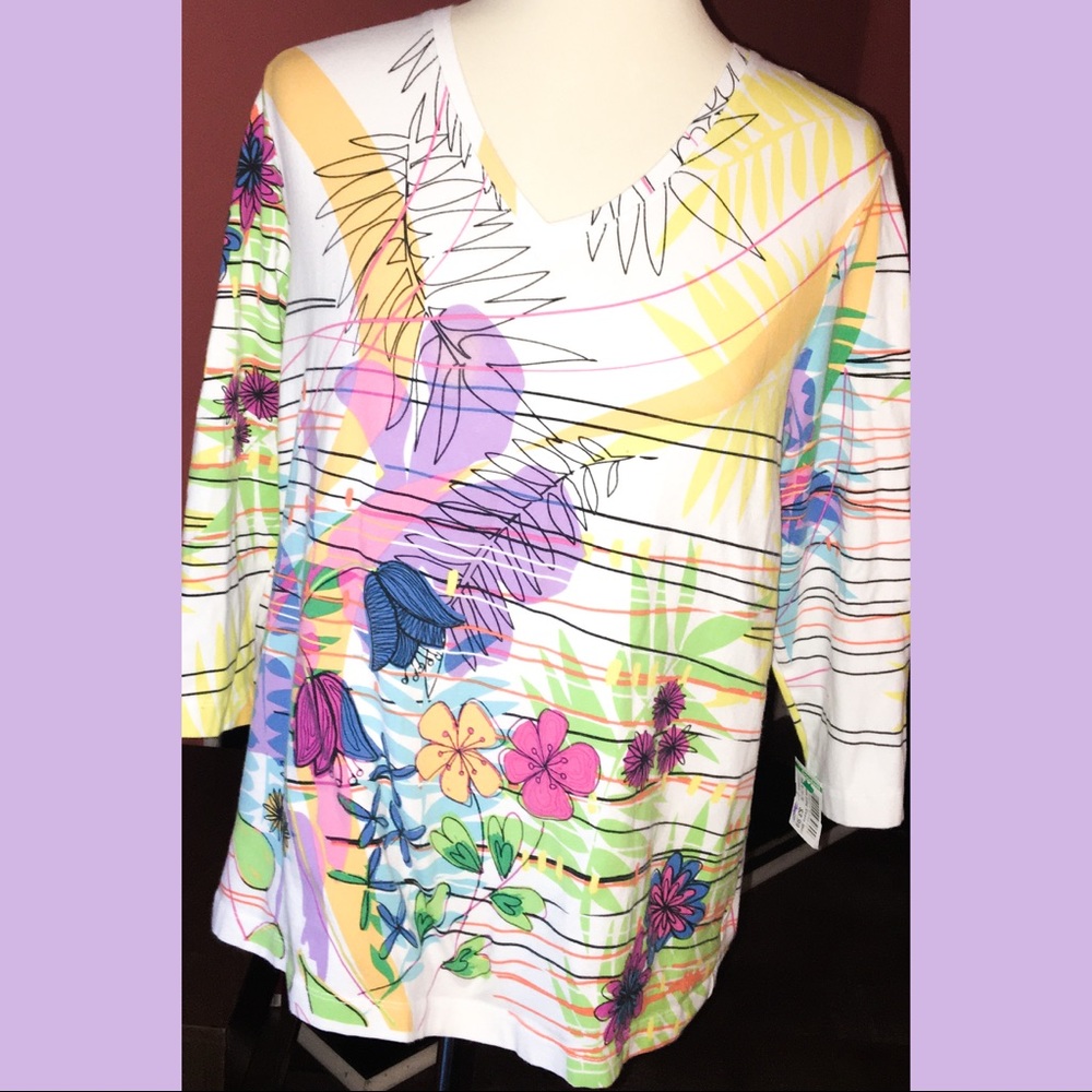 Chico’s colorful springtime neck 95% cotton top